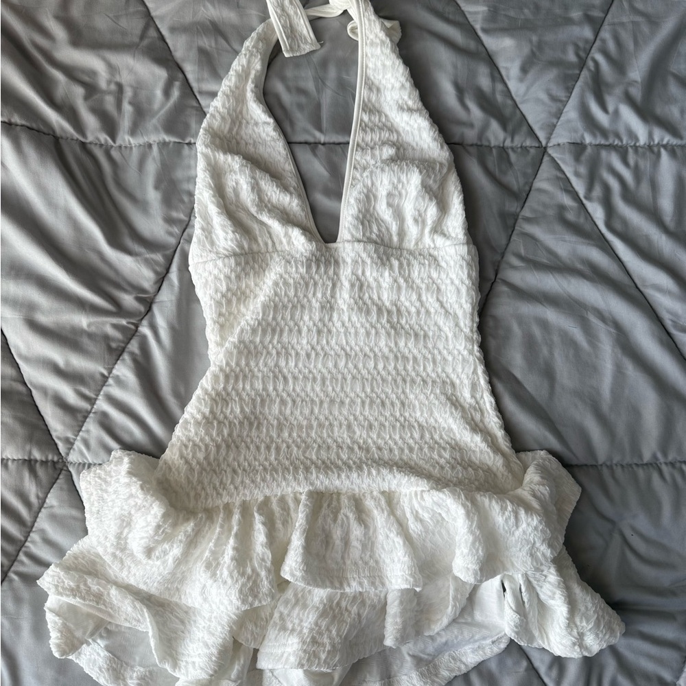 White Halter Neck Ruffle Romper